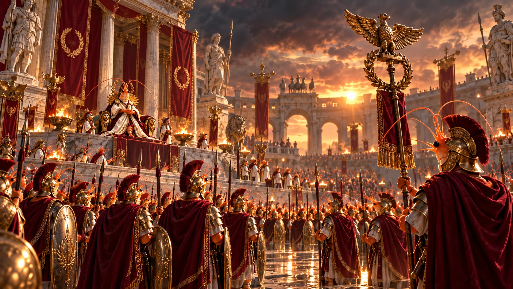 Shrimp-headed Roman legionaries gather beneath golden eagle standards in the imperial forum